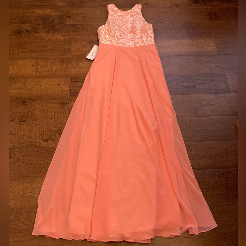 Azazie ‘Kate’ NWT Coral Formal Prom Dress Bridesmaid Lace Overlay Bodice Size 6